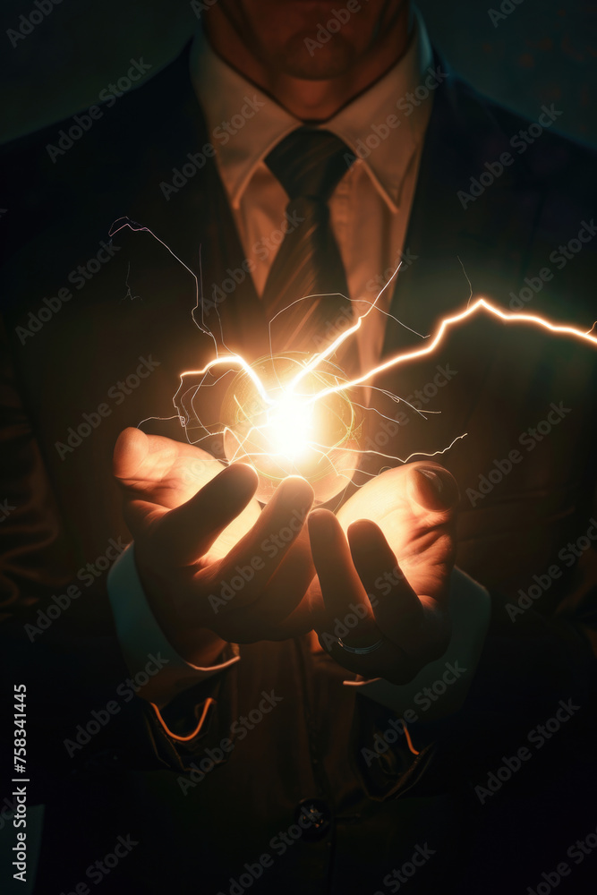 Poster a man in a suit holding a glowing light source. suitable for business and technology concepts