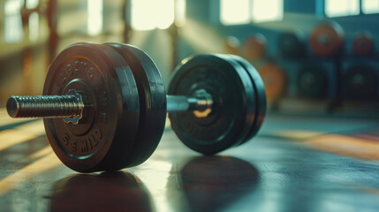 Close up of dumbbells on gym floor. Perfect for fitness and exercise concepts