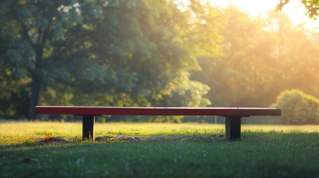 A serene park bench basked in golden sunrise light, inviting contemplation