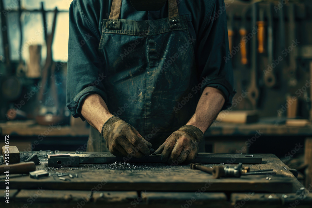 Poster A man in overalls working on a piece of wood. Suitable for woodworking or carpentry concepts