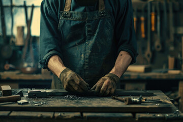 A man in overalls working on a piece of wood. Suitable for woodworking or carpentry concepts - obrazy, fototapety, plakaty
