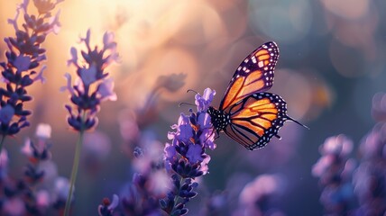 Obraz premium A vivid monarch butterfly rests on purple lavender blooms, illuminated by golden sunlight