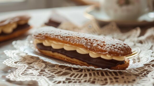 Delicate French eclair filled with cream on lace tablecloth