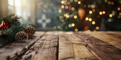 A wooden table adorned with pine cones and holiday ornaments. Perfect for seasonal decorations - obrazy, fototapety, plakaty