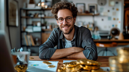 Young intellectual businessman successfully trading cryptocurrencies and Bitcoin works with a laptop in digital finance - obrazy, fototapety, plakaty