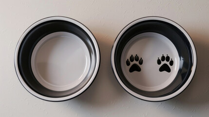 Two black and white bowls with paw prints, perfect for pet lovers - obrazy, fototapety, plakaty