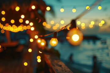 String of lights on wooden fence. Perfect for holiday decorations - obrazy, fototapety, plakaty