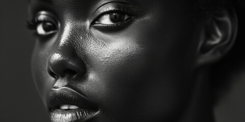Close up of a woman's dark skin face, suitable for beauty and skincare concepts