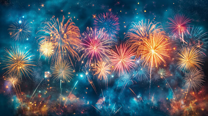 Fototapeta premium A spectacular fireworks display lights up the starry night sky: glowing explosions in brilliant colors such as red, blue, gold and green. Forms glittering patterns and sparkling spirals.