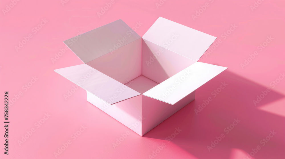 Poster A white open box on a pink surface. Suitable for various concepts