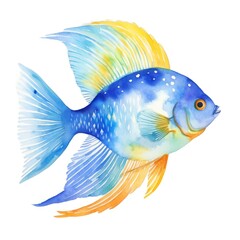 A blue and yellow fish painted in watercolor on a white background.