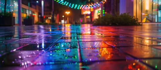 Closeup reflection of a city street illuminated by lights after rain at night. - obrazy, fototapety, plakaty