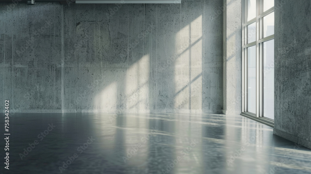 Poster a room with concrete walls and a large window. suitable for interior design concepts