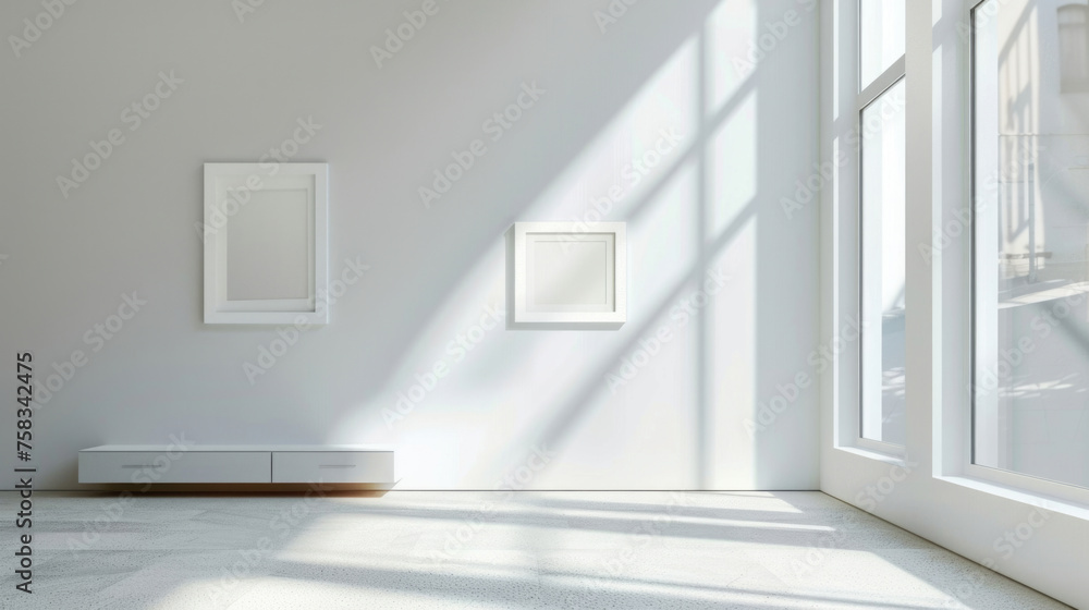 Poster Simple white room with a window and bench, suitable for various design projects
