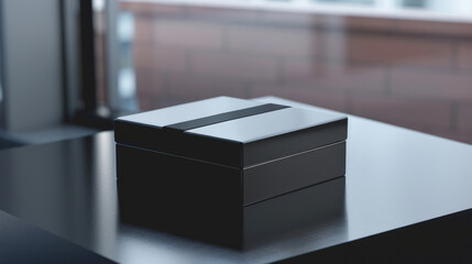 A black box sitting on top of a table. Suitable for technology concepts