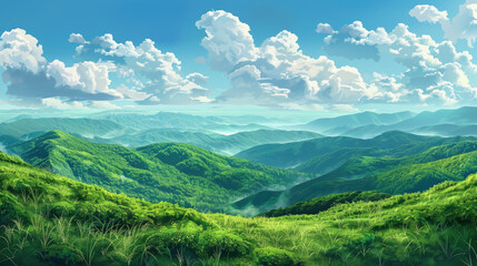 A picturesque painting of a mountain range with a valley in the foreground. Suitable for travel brochures or nature-themed designs