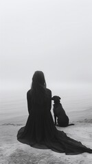  Lonely woman dressed in black sitting with dog in the field and looking to fog.