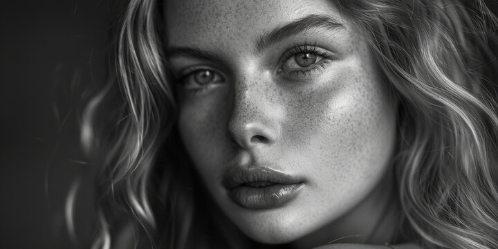 A black and white photo of a woman with freckles. Perfect for beauty or skincare concepts