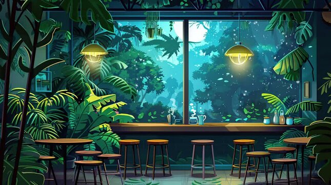 Luxe Lounge Retreat: A stylish minibar set against a backdrop of expansive floor-to-ceiling windows, offering panoramic  Seamless looping 4k time-lapse virtual video animation background. Generated AI