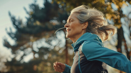 Elderly woman running in a park, suitable for health and fitness concepts