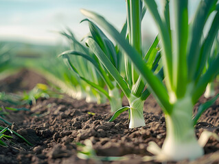 A close up of leeks growing on a farm, showcasing the organic and sustainable agriculture practices.