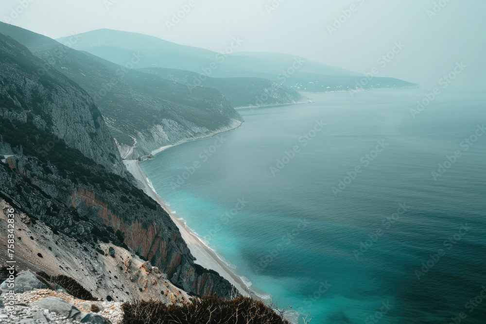 Poster a scenic view of the ocean from a high mountain top. suitable for travel and nature concepts
