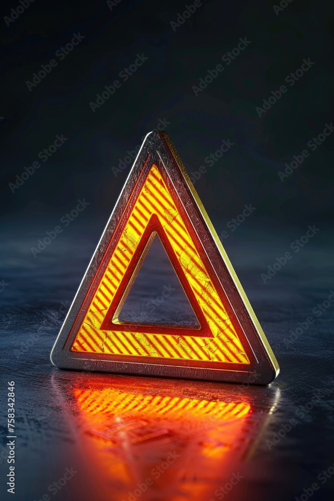 Poster triangle shaped warning sign on a table, suitable for safety and caution concepts