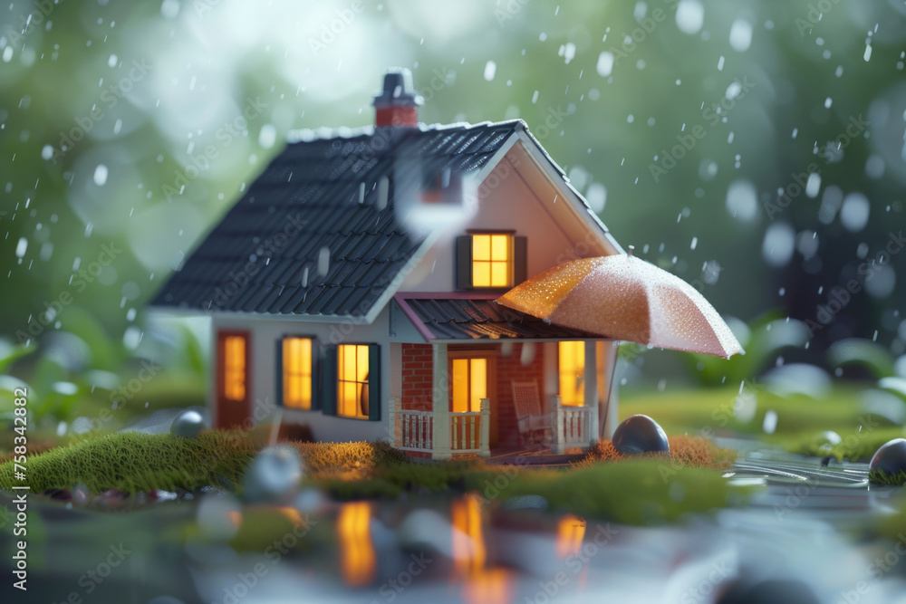 Poster a tiny house with an umbrella in the rain, perfect for various concepts and designs