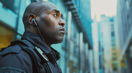 A man wearing a black jacket and headphones. Ideal for lifestyle or music related projects