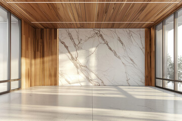A room featuring a marble wall and a wooden ceiling. Suitable for interior design concepts