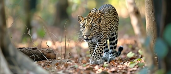 portrait of a leopard in the forest looking at prey in a tree