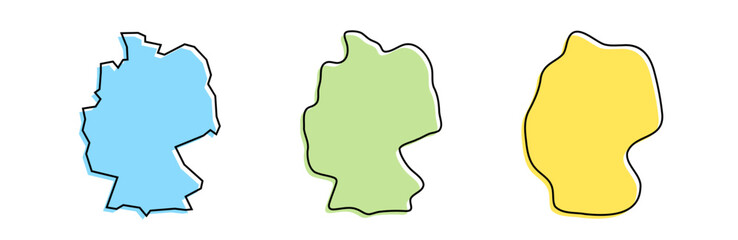 Germany country black outline and colored country silhouettes in three different levels of smoothness. Simplified maps. Vector icons isolated on white background.