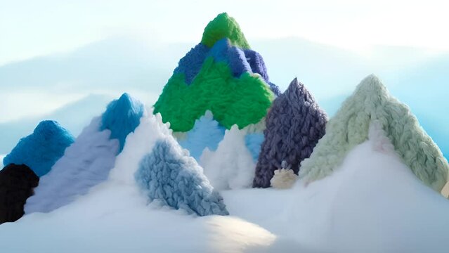 Unique image captures aerial view of mountains that are artistically represented with various types of knitted textures and colors
