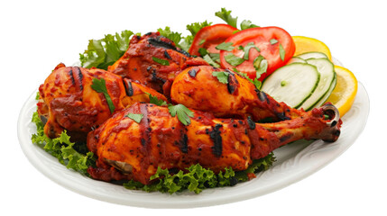 Tandoori Chicken on a plate isolated on transparent png background. Generative ai 