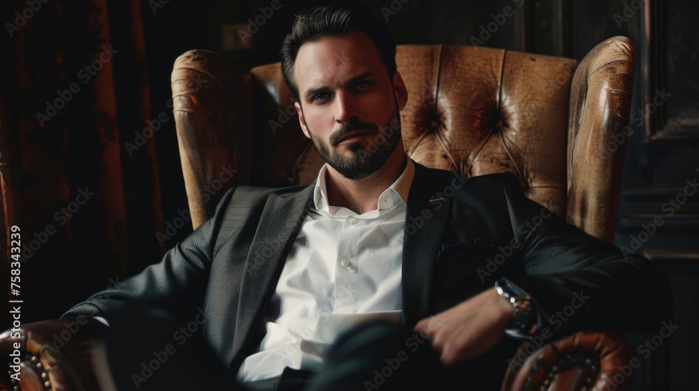 Poster a man sitting in a chair with a watch on his wrist. suitable for business and time management concep