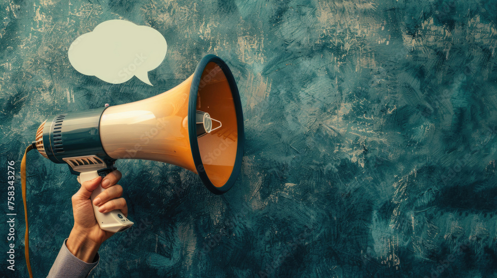 Poster person holding a megaphone with a speech bubble above it. suitable for communication and announcemen
