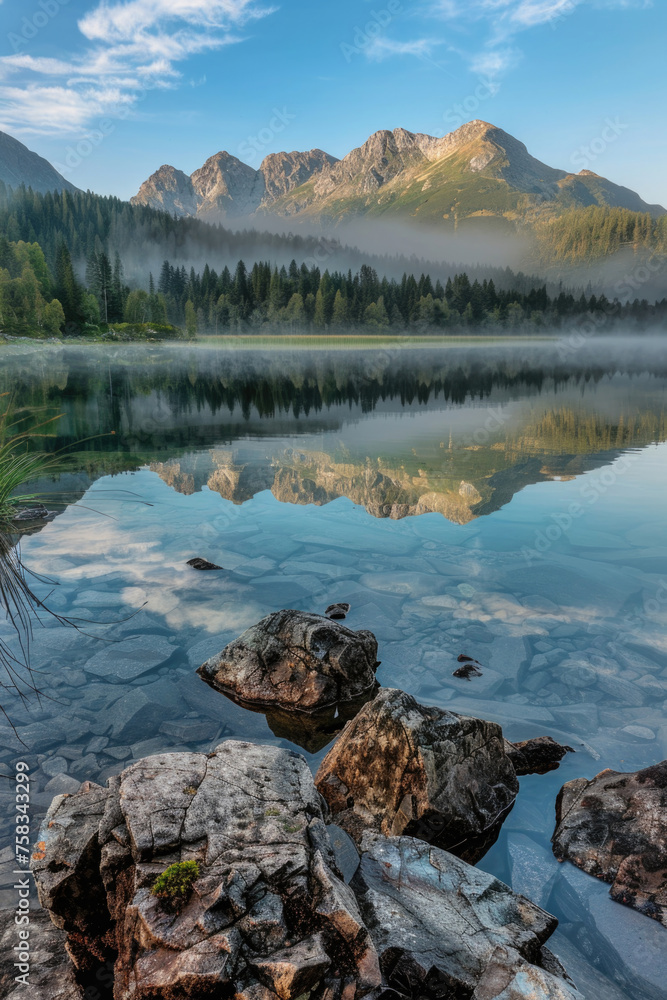 Aufkleber Scenic view of a lake with rocks and a mountain in the background. Suitable for travel and nature concepts