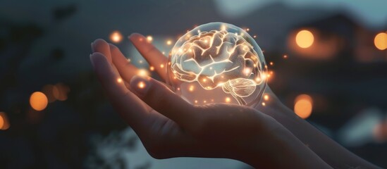 A light-up, futuristic brain held in a human hand. Science and technology concept - obrazy, fototapety, plakaty