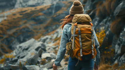 Woman with backpack hiking up a mountain, ideal for outdoor and adventure themes - obrazy, fototapety, plakaty