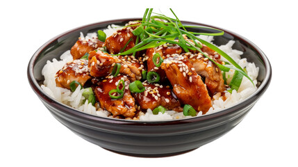Fototapeta premium Teriyaki Chicken Rice Bowl isolated on transparent png background. Generative ai 