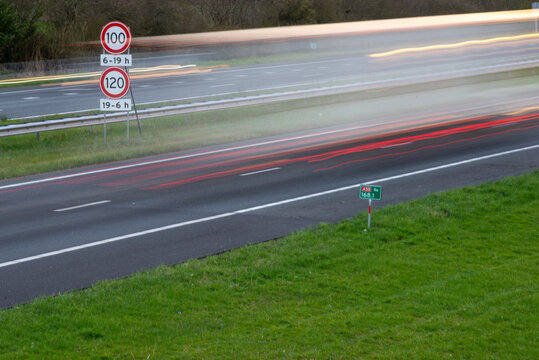 Highway A58 in direction Vlissingen, Oost-Souburg. Speed limits signs, 100 and 120 km/h. Zeeland, The Netherlands