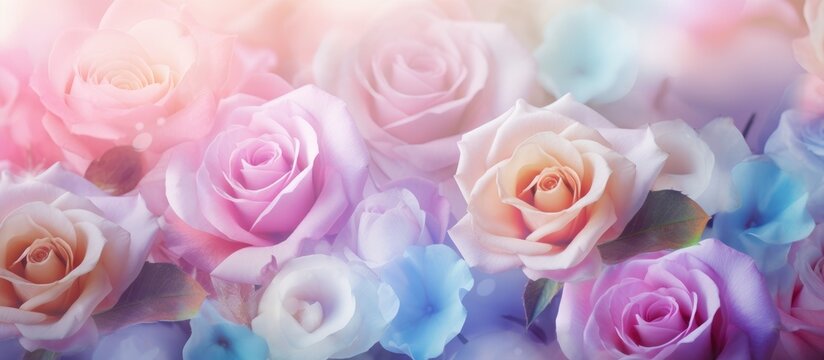 A beautiful assortment of hybrid tea roses in shades of pink, purple, and violet create a stunning display against a blurred garden rose background