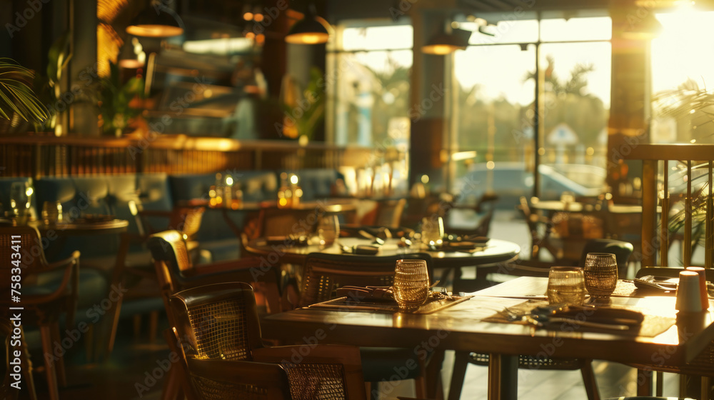 Aufkleber A wooden table with neatly arranged place settings. Suitable for dining or event concepts