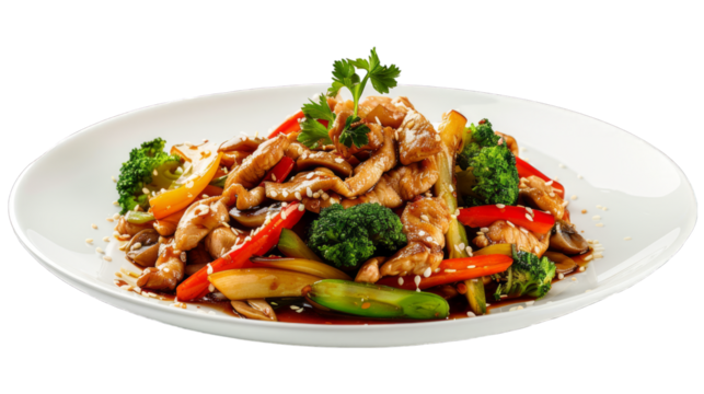 Teriyaki Chicken Stir-Fry on a plate isolated on transparent png background. Generative ai 