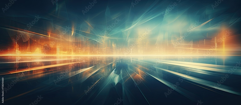 Poster a computer generated image of a radiant light beaming down from the sky onto an asphalt road, surrou