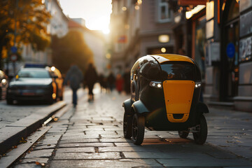Artificial intelligence delivery robot service driving in city delivering food.