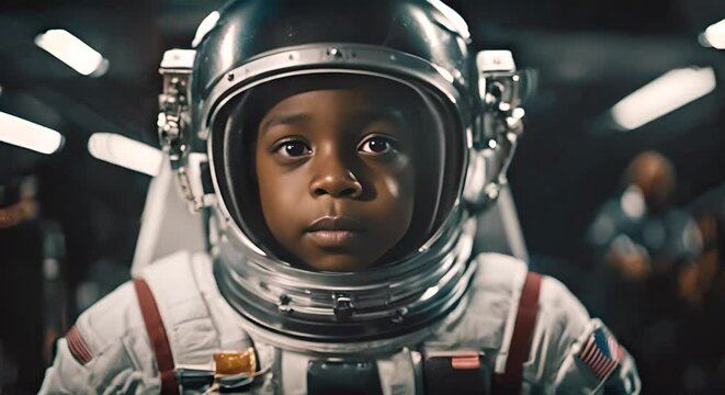Black boy dressed as an astronaut.