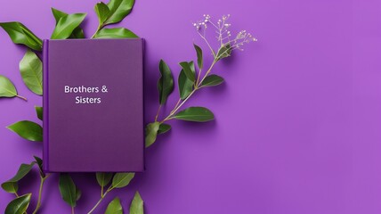 Purple hardcover book titled "Brothers & Sisters" surrounded by green leaves on a purple backdrop