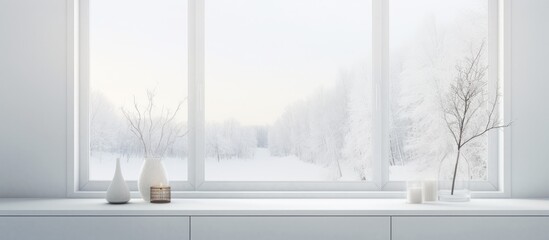 White minimalist room interior with dresser and decor on wall, landscape in windows. Nordic home design.