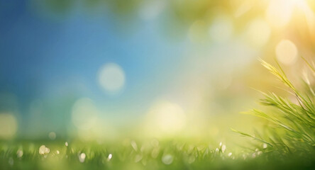 Fototapeta na wymiar Blurred spring summer nature background with green meadow, blue sky and sunlight